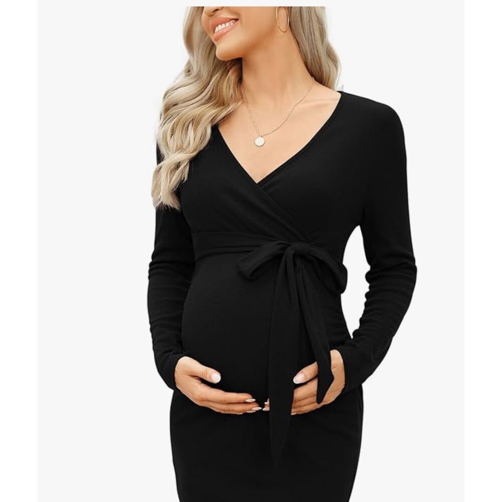 V For City Women's Black Maternity Long Sleeve Knit Sweater Dress Size L New